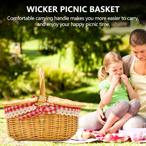 Lantlig FläTad Picknickkorg med Lock och Handtag och Foder för Picknick, Fester, BröLlop och BBQs 2