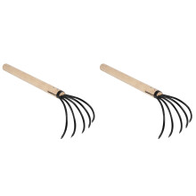 2Pièces Râteau Jardin Bois Fer, 5 Dents Noir, Outil Polyvalent