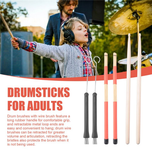 Drum Sticks Set,5A Maple Wood Drum Sticks,Drum Rods Brushes,Retractable Drum Wire Brushes,Drum Dampeners with Bag 2