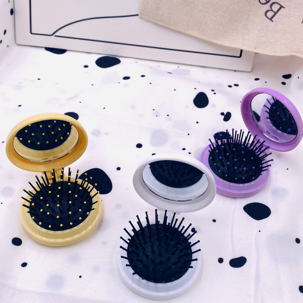Yellow Mini Folding Hair Brush Mirror Round Portable Cushion For Straight Curly Hair