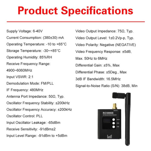 RC5896S Receiver 4.9-6.1GHz FPV Video Receiver 96 Frequency for Image Transmission High Sensitivity Wide Voltage 1
