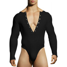 (XL, Black) Men Lingerie Bodysuit Solid Color Long Sleeve Deep V-Neck Slim Fit Jumpsuit Underwear