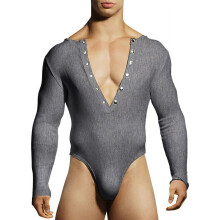 (XXL, Gray) Men Lingerie Bodysuit Solid Color Long Sleeve Deep V-Neck Slim Fit Jumpsuit Underwear