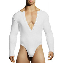 (XL, White) Men Lingerie Bodysuit Solid Color Long Sleeve Deep V-Neck Slim Fit Jumpsuit Underwear
