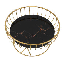 Large Capacity Hollow Metal Fruit Basket Stand, Black with Gold Stripes