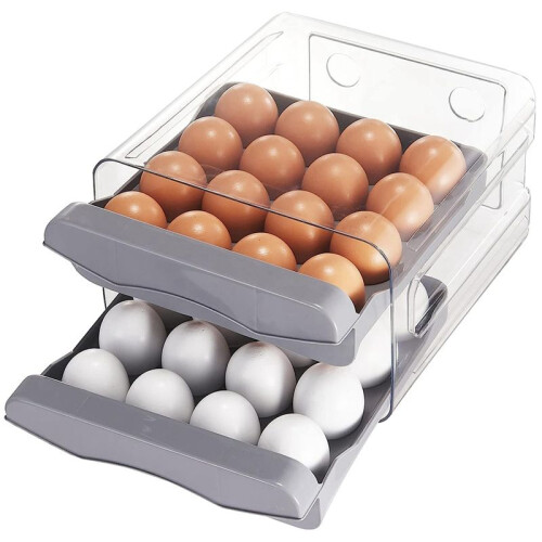 32 Grid Egg Holder,Household Egg Storage Box for Fridge, Transparent 2Layer Chicken Storage Container (Gray) 1