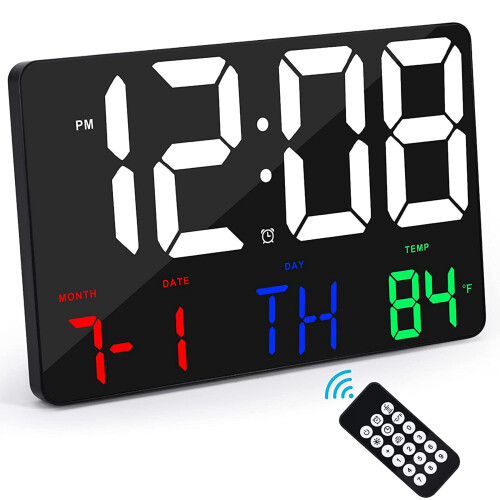 Digital Wall Clock Large Display Alarm Clock with Wireless Remote Control LED Wall Clock with Date and Temperature-A