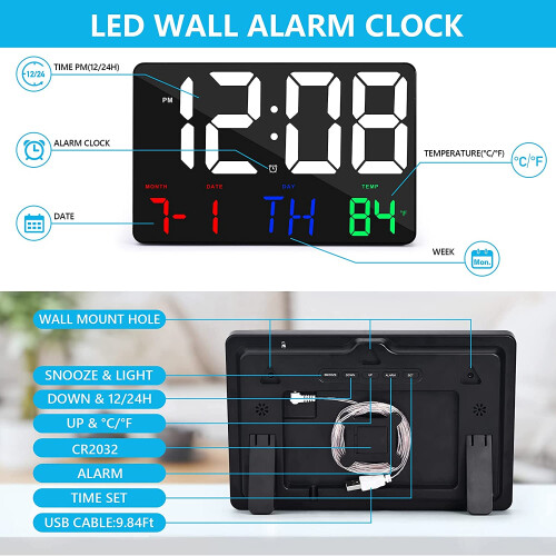 Digital Wall Clock Large Display Alarm Clock with Wireless Remote Control LED Wall Clock with Date and Temperature-A 1