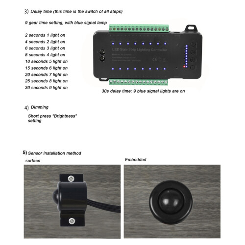 Controller LED per Scale Dimmerabile 16 Canali Dual PIR Sensore di Movimento Step Light Strip Scale Controller per Striscia Lampada(B) 2