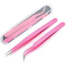 Wimperpincet, Set van 2 Roestvrijstalen Pincetten voor Wimperextensions Rechte en Gebogen Punt Valse Wimpergereedschappen Roze