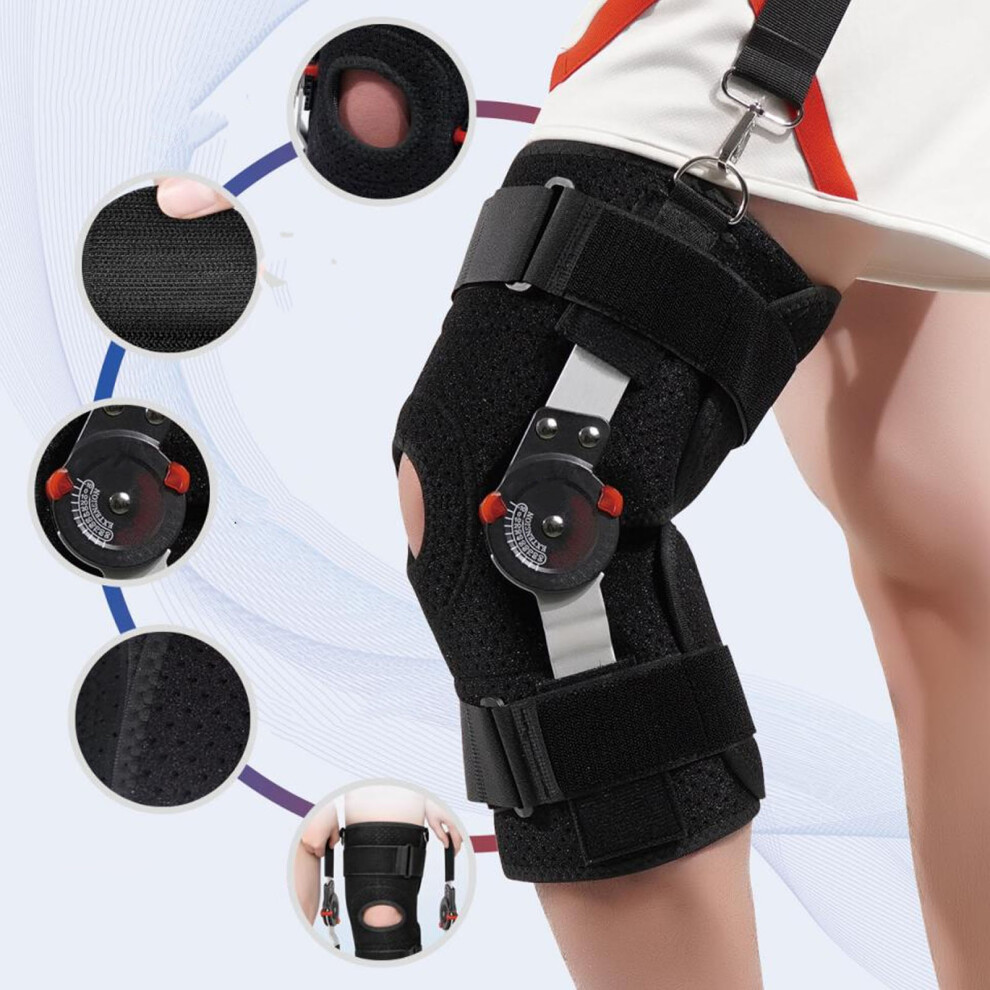 Hinged ROM Knee Brace with Side Stabilizers, Adjustable Support, Post-Op Recovery, Shoulder Strap, 35x52x59.5cm
