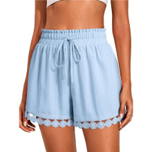 Shorts Femininos de Verão, Casuais, Folgados, com Cintura Elástica, Cordão e Renda, Estilo Boho, para Usar Como Saída de Praia Azul L