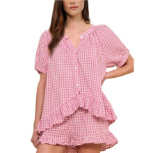 Womens Gingham Pajamas Set 2 Piece Sets Puff Sleeve Ruffle Babydoll Shirt Shorts Summer Outfits L