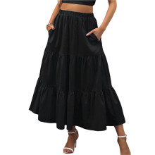 Gonna Lunga Fluida A Strati con Tasche, Stile Casual da Donna, A Vita Alta, A Trapezio Nero S