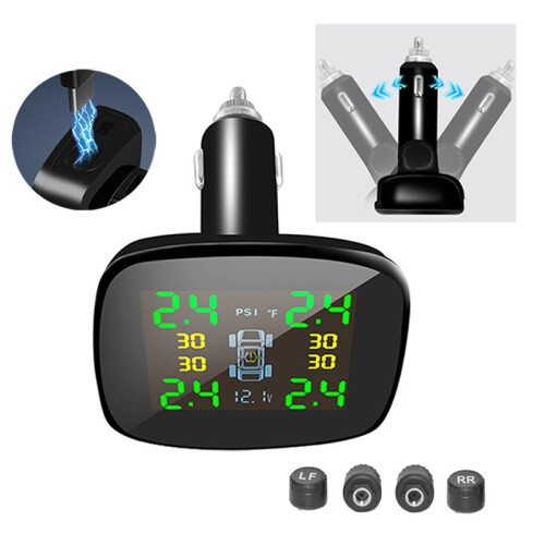 USB Intelligent Cigarette Lighter TPMS with Temperature Alarm and 4 External Sensors Display Tire Status 2