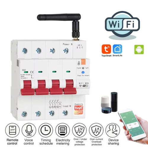 Tuya  WiFi 4P MCB 63A RS485 Breaker Prepaid Meter Timer  Voltage Current Protector Voice Control 2