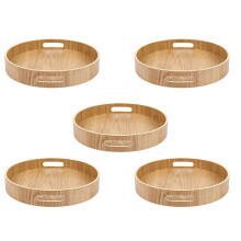 5X Runde Bambus Holz Tablett für Abendessen Tabletts Tee Bar Frühstück Essen Behaelter Griff Ablage 2
