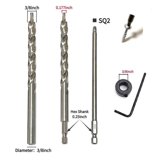 3/8" Drill Bit Set with Depth Stop Collar & SQ2 Screwdriver Bits for Pocket Hole Jig System 2