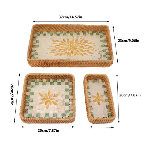 3-Pcs Rectangular Rattan Tray Green Leaves Yellow 1