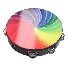Tambourine à main en bois massif à double couche de 10 pouces avec motif coloré et brillant