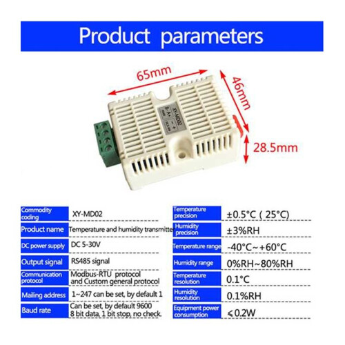 XY-MD02 Temperature Humidity Transmitter Detection Sensor Module Modbus SHT40 Temperature Sensor RS485 Signal Analog 2