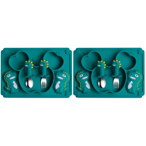 2Sets Silicone Baby Tableware Set Olive Green - Spoon Fork Dining Bowl 1