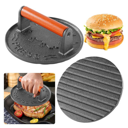 Gusseiserner Burger-Maker mit Holzgriff, Robuste Form für Burgerfleisch, Küchenhelfer und Zubehör 2
