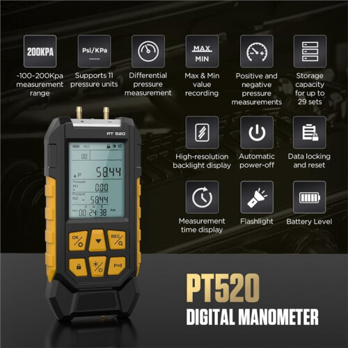 PT520 Digital Manometer Dual Port Air Pressure Meter with 10 Selectable Units and Various Adapters 2