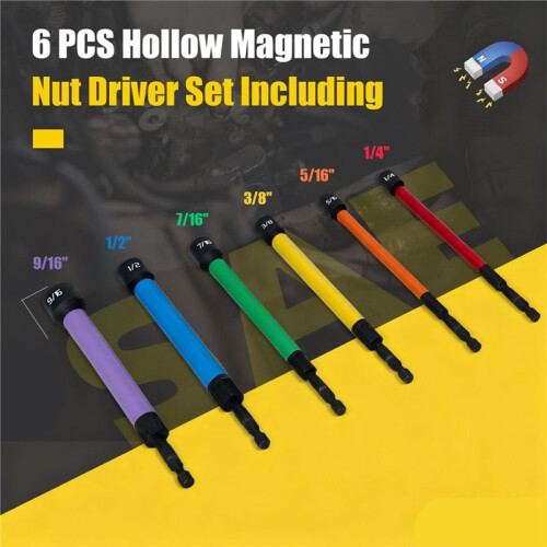 6 PCS Hollow Nut Driver Set, Magnetic Nut Driver Set, Hollow Shaft Nut Driver Set, SAE, Color Coded, Hex Sizes 2