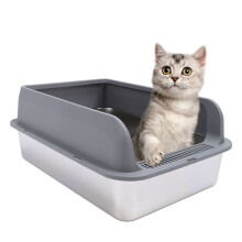 Kattenbak van Roestvrij Staal, Spatbestendig, Gemakkelijk Schoon Te Maken, Hoge Zijkanten, Halfgesloten Kattenbak met Deksel voor Katten, Grijs