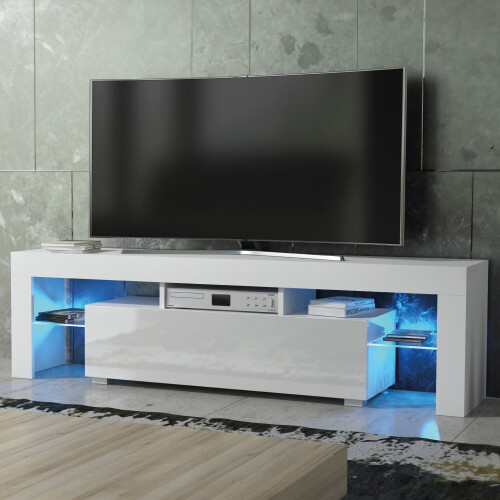 TV Unit Aria 160cm - White with Gloss Doors and LED Lights