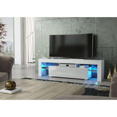 TV Unit Aria 160cm - White with Gloss Doors and LED Lights 1