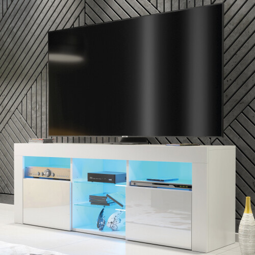 TV Unit Pulse 145cm - White with Gloss Doors and LED Lights