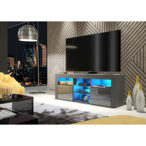 TV Unit Pulse 145cm - Dark Grey with Gloss Doors and LED Lights 1