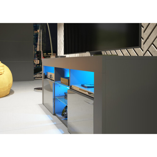 TV Unit Pulse 145cm - Dark Grey with Gloss Doors and LED Lights 2