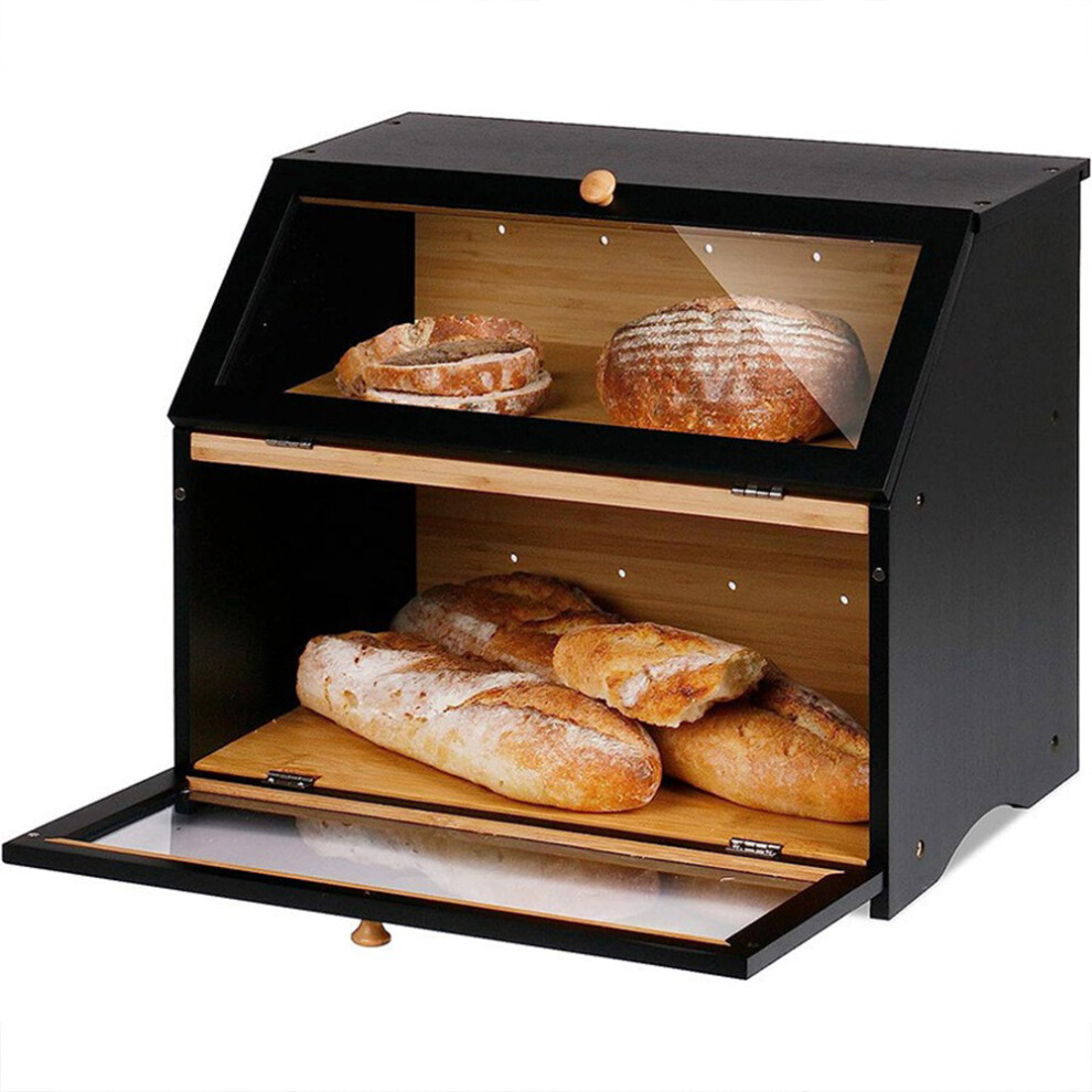 2 Tier Bamboo Bread Bin Double Layer Kitchen Storage Container Loaf Bread Box