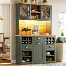 Green LED Kitchen Cabinet, Glass Doors & Wine Rack