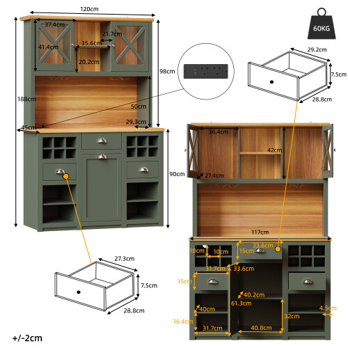 Green LED Kitchen Cabinet, Glass Doors & Wine Rack 1