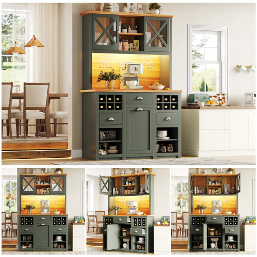 Green LED Kitchen Cabinet, Glass Doors & Wine Rack 2