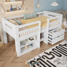 3FT Single Wooden Bed with Safety Guardrail &amp; Storage Compartments for Children