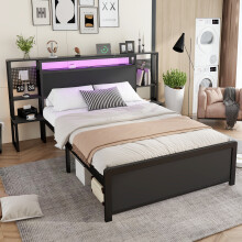 4ft6 Double Metal Bed with LED lights and Charging Port One-piece Bedside Table