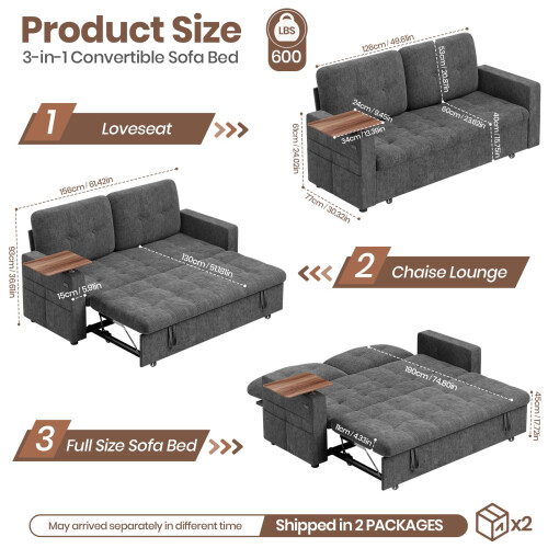 Joolihome 3-in-1 Convertible Fabric Pull Out 2 Seater Sofa 1