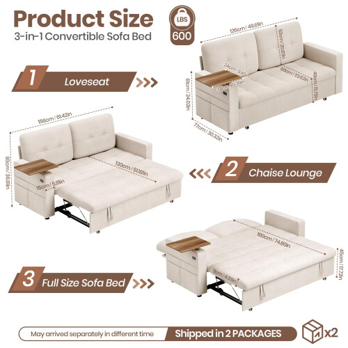 Joolihome 3-in-1 Convertible Fabric Pull Out 2 Seater Sofa 1