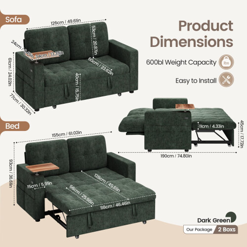 Joolihome 3-in-1 Convertible Fabric Pull Out 2 Seater Sofa 2