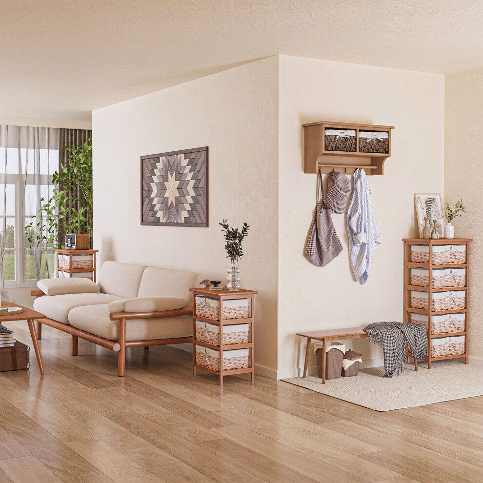 Homcom 5 Drawer Wicker Basket Storage Shelf Unit Wooden Frame Home Natural
