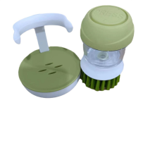Soap Dispensing Dish Brush with Storage Holder, Press-to-Release Kitchen Scrub Brush for Pots and Pans, Refillable Liquid Scrubber with Drain Sta