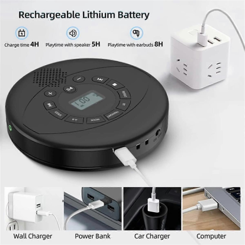 Portable CD Player Walkman Bluetooth CD Walkman Built-in Speaker Rechargeable CD Player with USB/AU 1