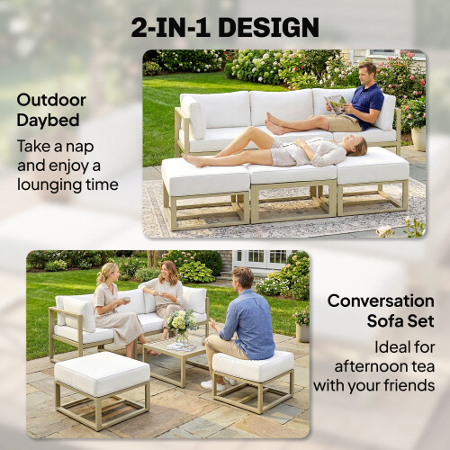Outsunny Outsunny 6 PC Garden Daybed, Sectional Sofa Set with Coffee Table, Footstool 2