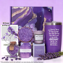(Purple Set 2) Cesta de regalo de spa de lujo para el cuidado personal, juego de baño para mujer: baño, sal de baño, bombas de baño,