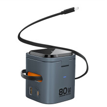 80W 6-in-1 GaN Charging Station Wireless Adapter with Type C PD 60W Retractable Charging Cable Fast Charger EU PLUG